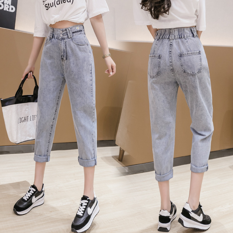實拍刺繡小雛菊牛仔褲女2026春夏韓版新款高腰顯瘦九分直筒哈倫褲