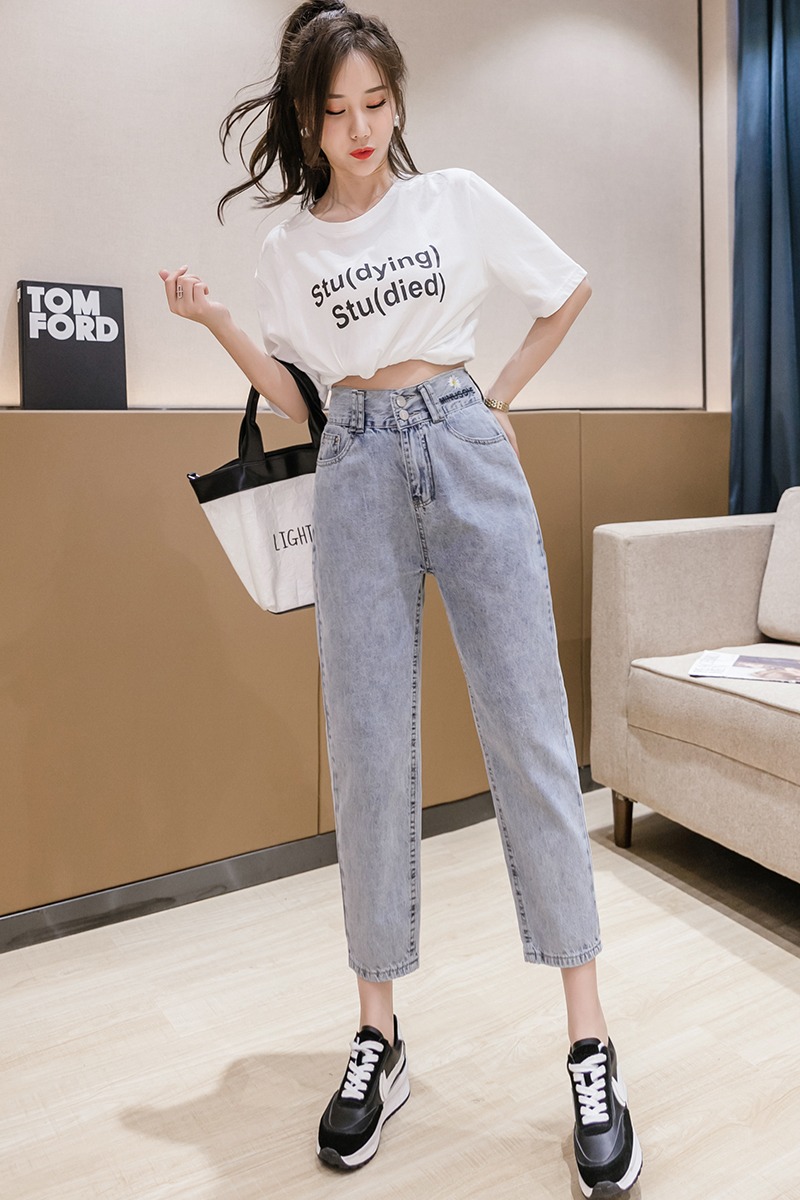實拍刺繡小雛菊牛仔褲女2026春夏韓版新款高腰顯瘦九分直筒哈倫褲