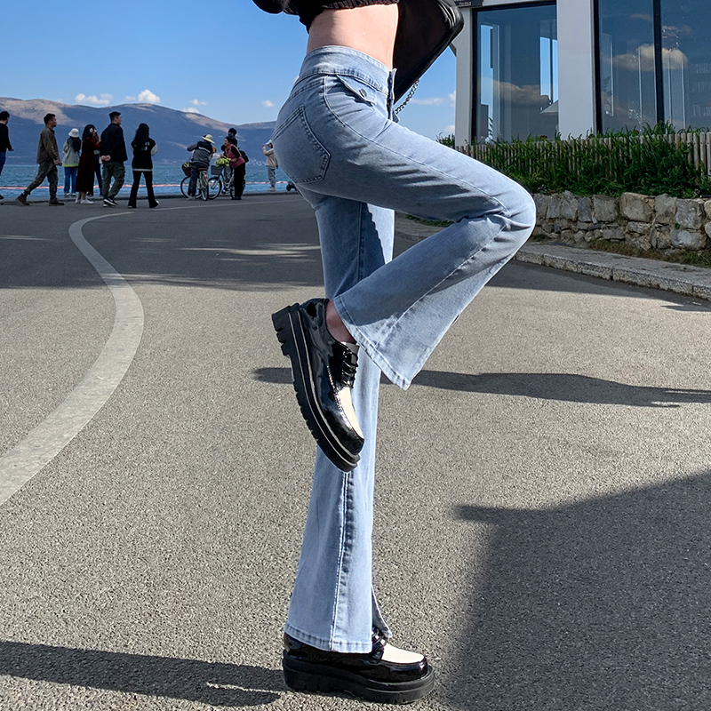 實拍淺色開叉牛仔微喇褲女2026春季新款高腰小個子彈力提臀闊腿褲
