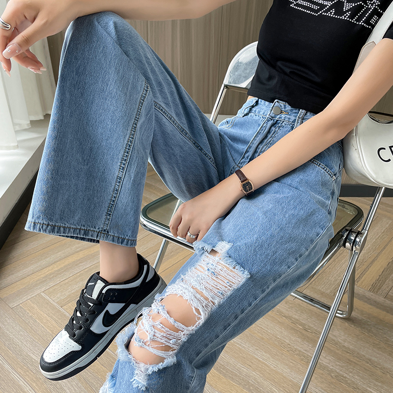 實拍提臀破洞牛仔闊腿褲女2026夏季韓版輕薄小個子高腰垂感直筒褲