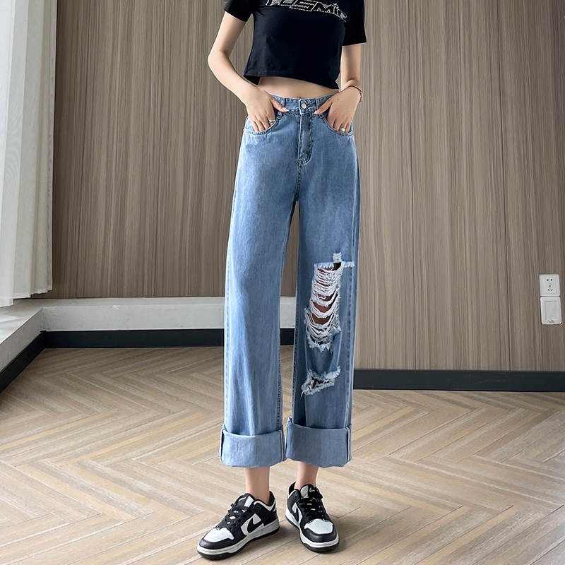 實拍提臀破洞牛仔闊腿褲女2026夏季韓版輕薄小個子高腰垂感直筒褲