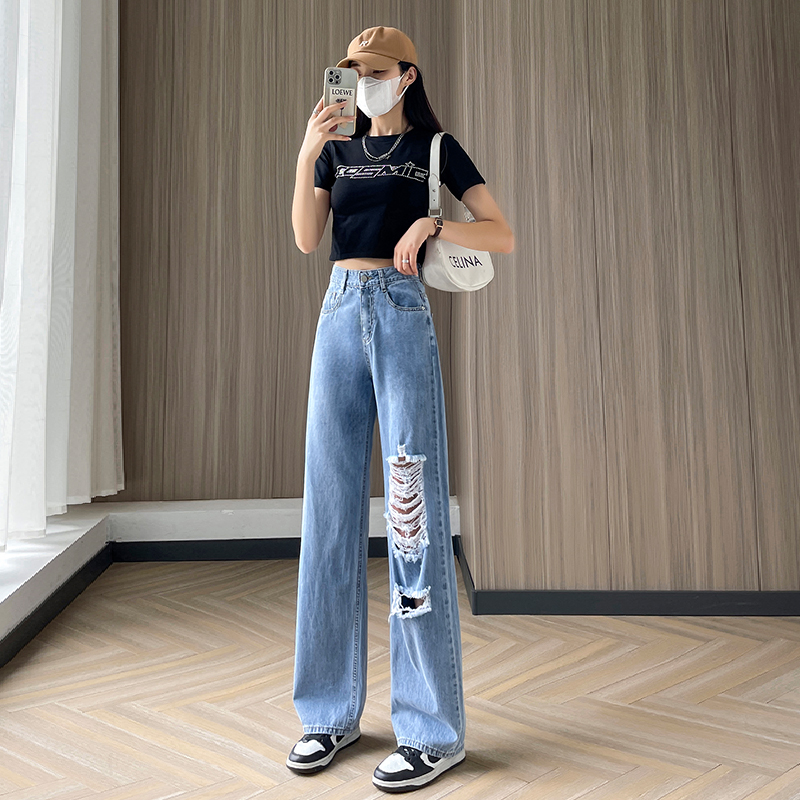 實拍提臀破洞牛仔闊腿褲女2026夏季韓版輕薄小個子高腰垂感直筒褲
