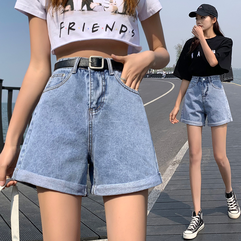 實拍高腰配腰帶牛仔闊腿短褲女2026夏季韓版學生淺藍寬松哈倫熱褲