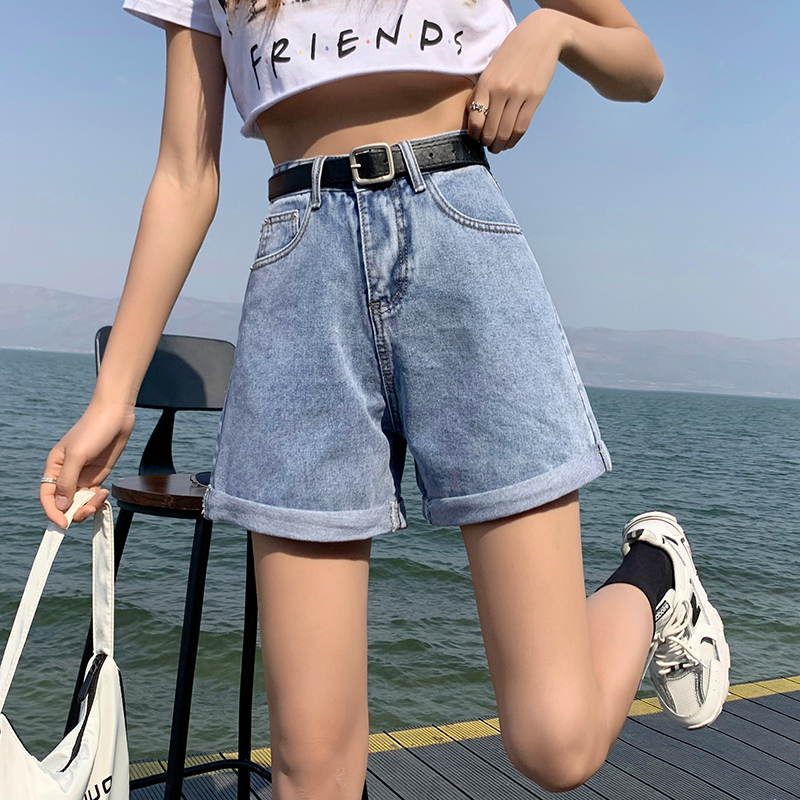 實拍高腰配腰帶牛仔闊腿短褲女2026夏季韓版學生淺藍寬松哈倫熱褲