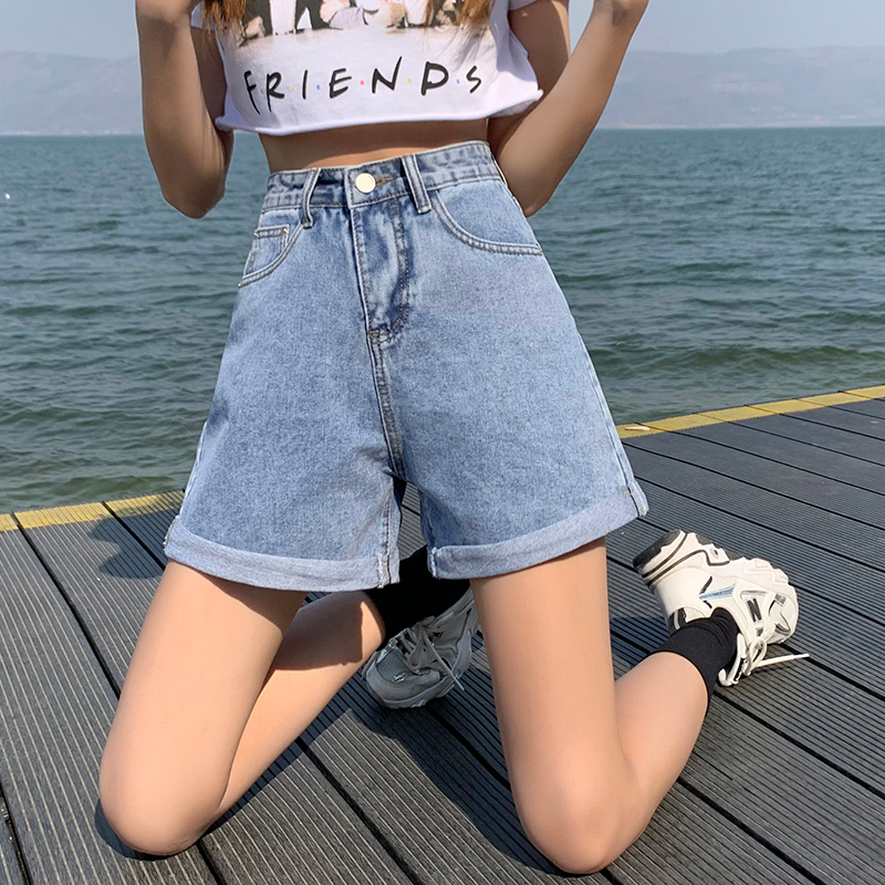 實拍高腰配腰帶牛仔闊腿短褲女2026夏季韓版學生淺藍寬松哈倫熱褲