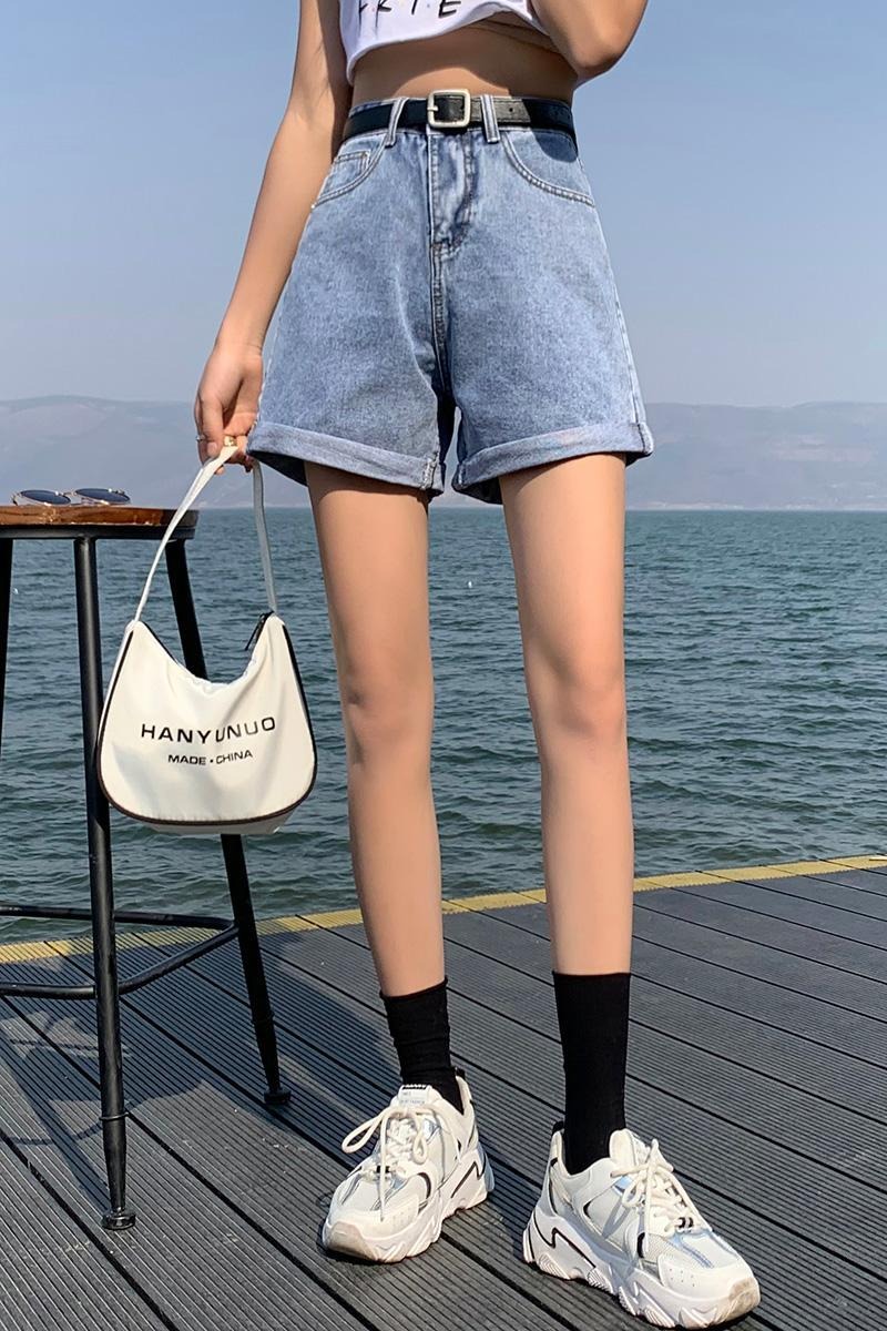 實拍高腰配腰帶牛仔闊腿短褲女2026夏季韓版學生淺藍寬松哈倫熱褲