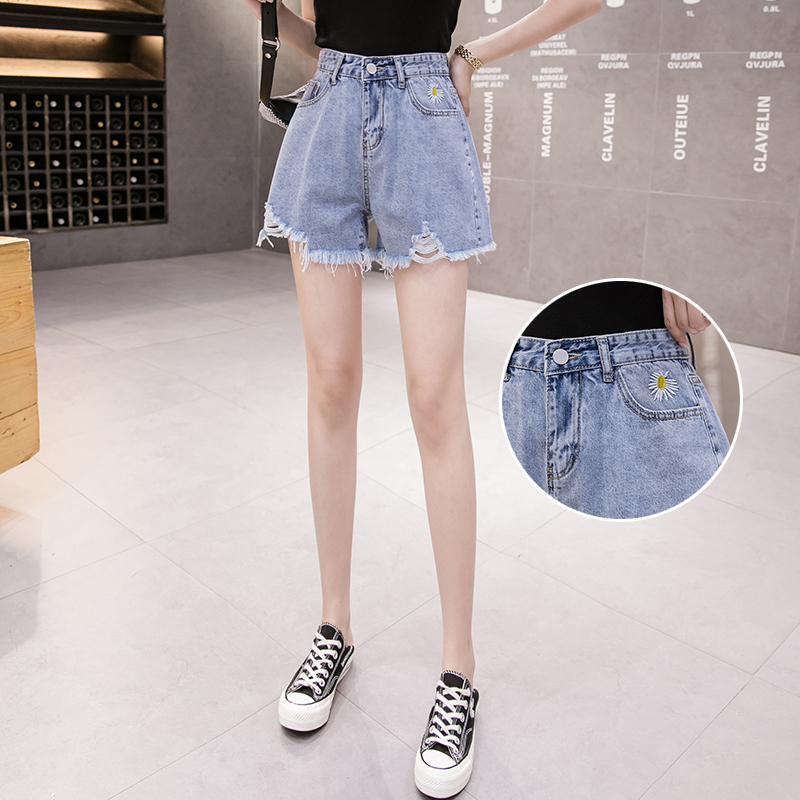 實拍高腰刺繡小雛菊牛仔闊腿短褲女2026夏季韓版百搭寬松顯瘦熱褲