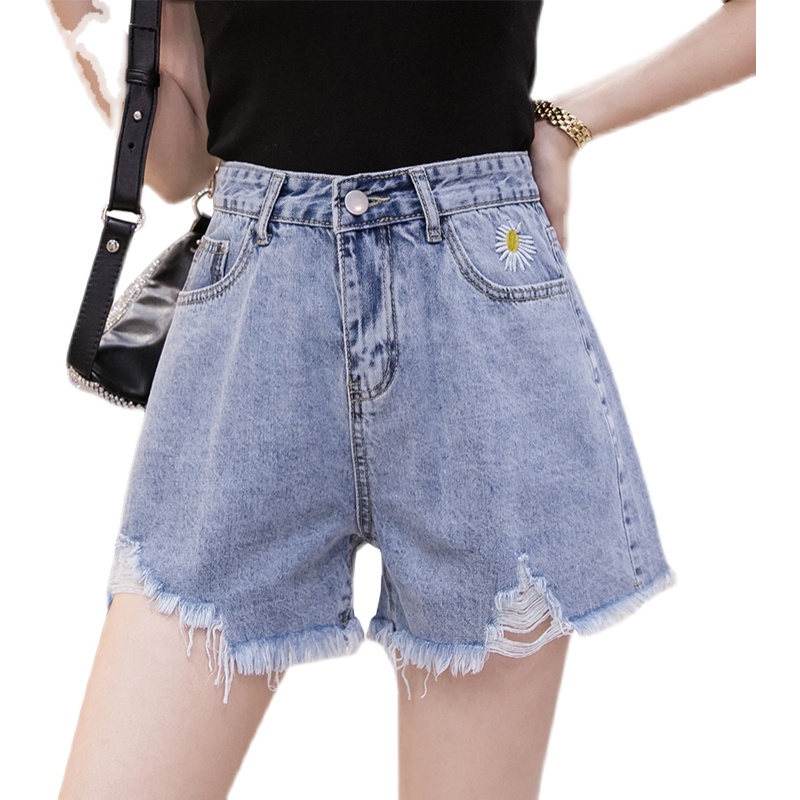 實拍高腰刺繡小雛菊牛仔闊腿短褲女2026夏季韓版百搭寬松顯瘦熱褲