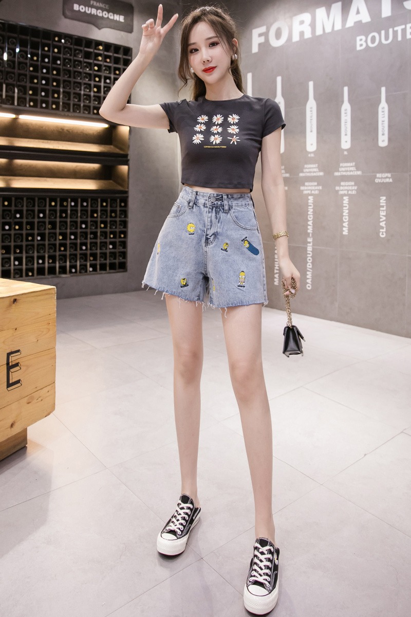 實拍刺繡辛普森牛仔短褲女2026夏季新版韓版高腰顯瘦毛邊闊腿熱褲
