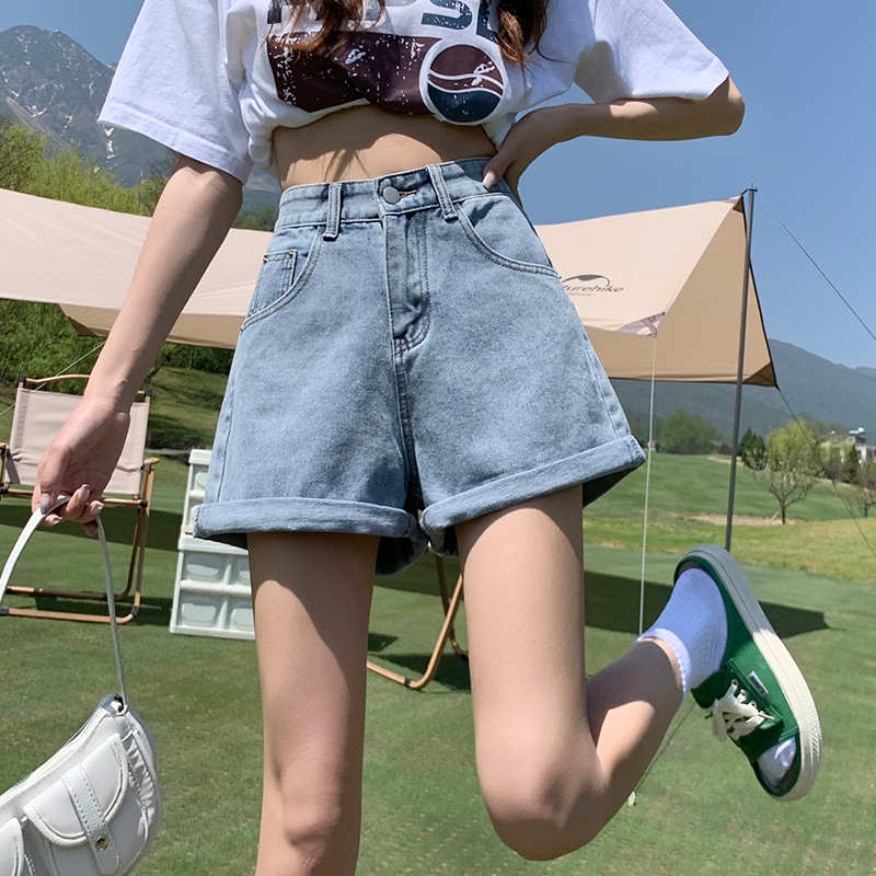 實拍撞色翻邊牛仔闊腿短褲女2026夏季韓版高腰顯瘦哈倫a字熱褲ins