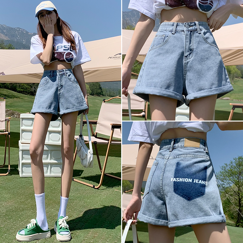 實拍撞色翻邊牛仔闊腿短褲女2026夏季韓版高腰顯瘦哈倫a字熱褲ins