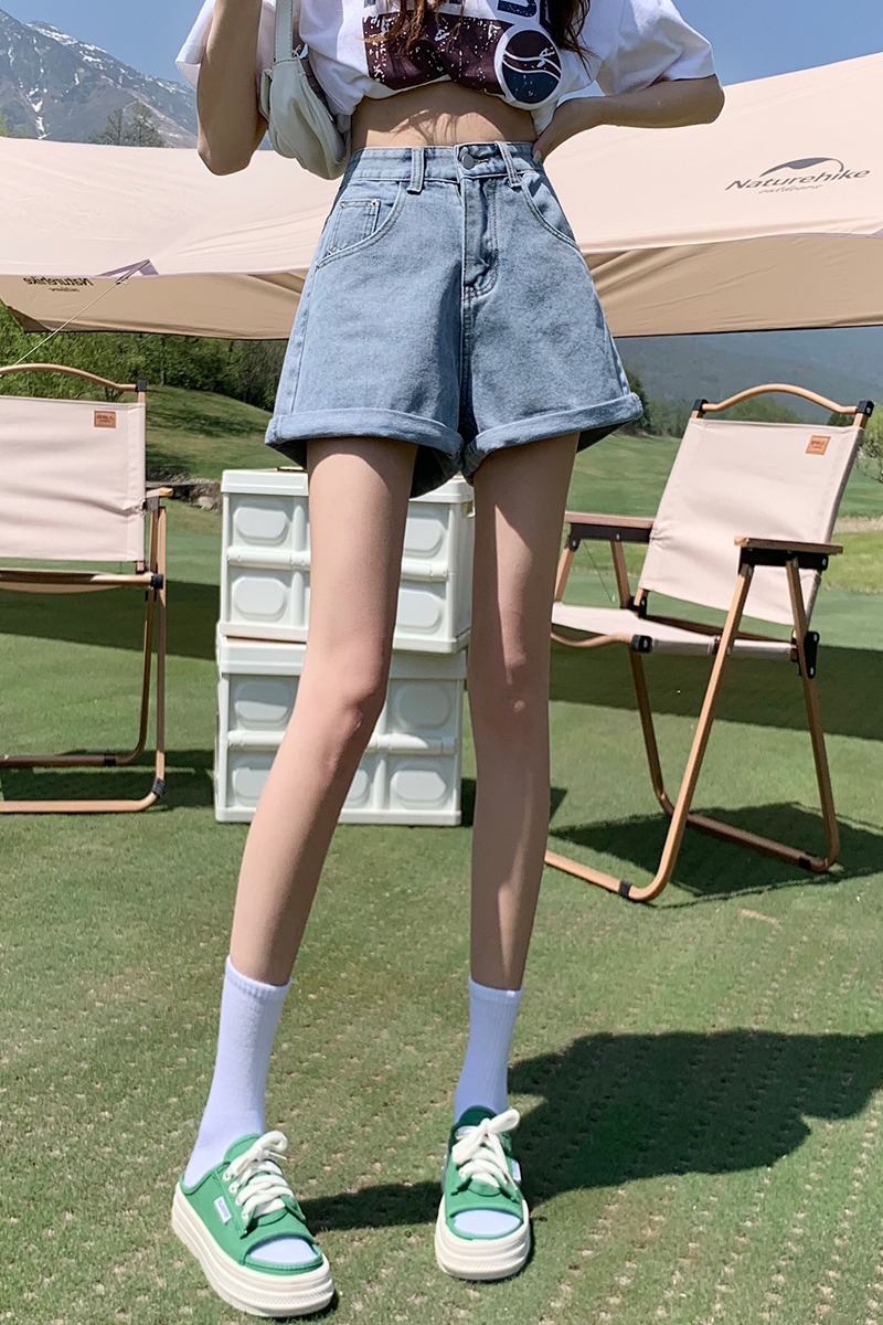 實拍撞色翻邊牛仔闊腿短褲女2026夏季韓版高腰顯瘦哈倫a字熱褲ins