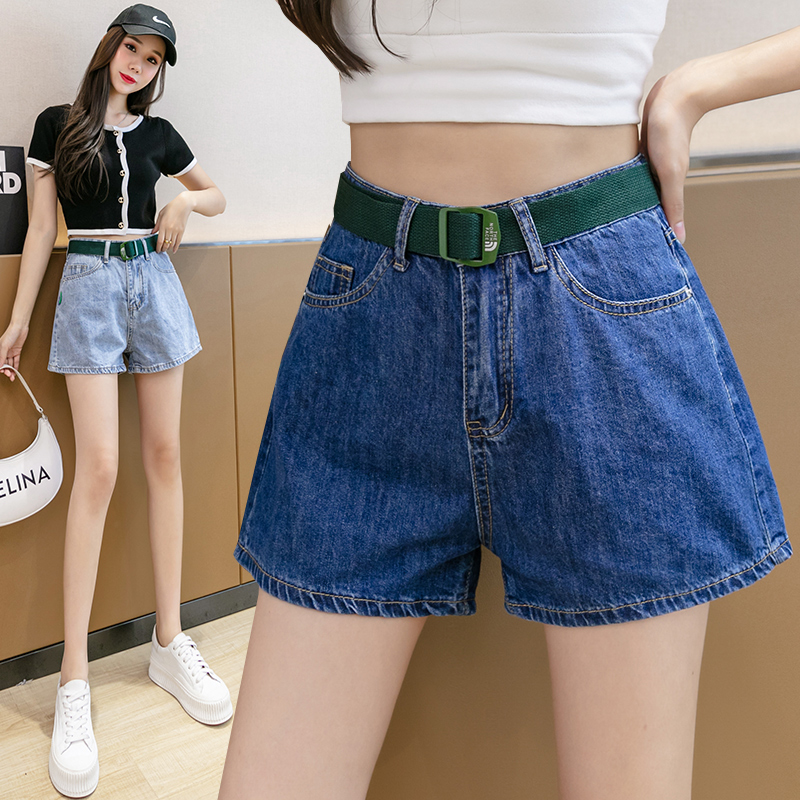 實拍百搭配腰帶闊腿牛仔短褲女2026夏季韓版高腰顯瘦a字哈倫熱褲