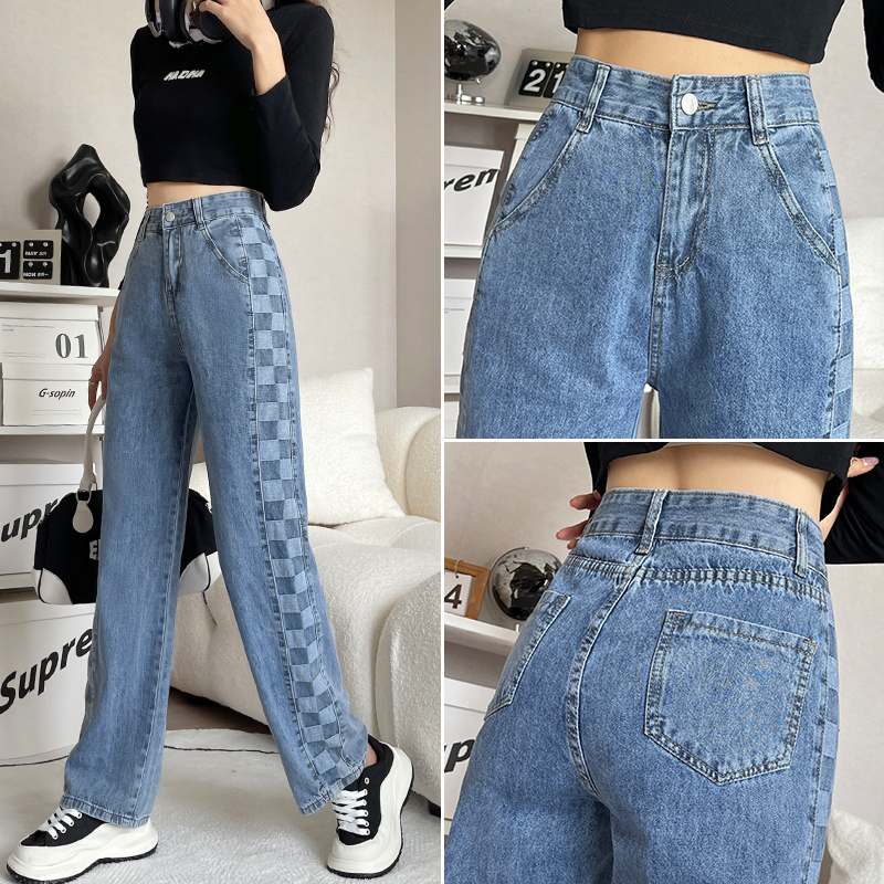 實拍拼接撞色闊腿牛仔褲女2026夏季新款韓版高腰小個子哈倫直筒褲
