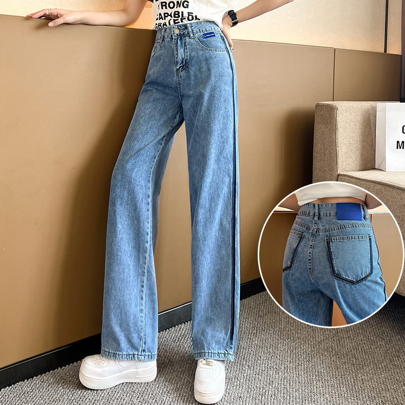 實拍高腰撞色闊腿牛仔褲女2026夏季韓版寬松顯瘦窄款直筒哈倫長褲