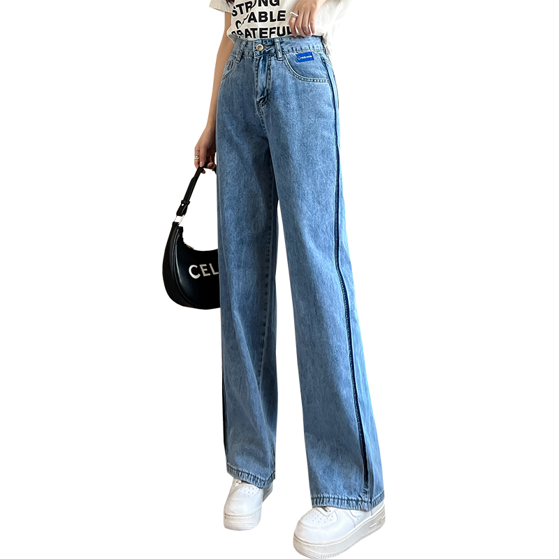 實拍高腰撞色闊腿牛仔褲女2026夏季韓版寬松顯瘦窄款直筒哈倫長褲
