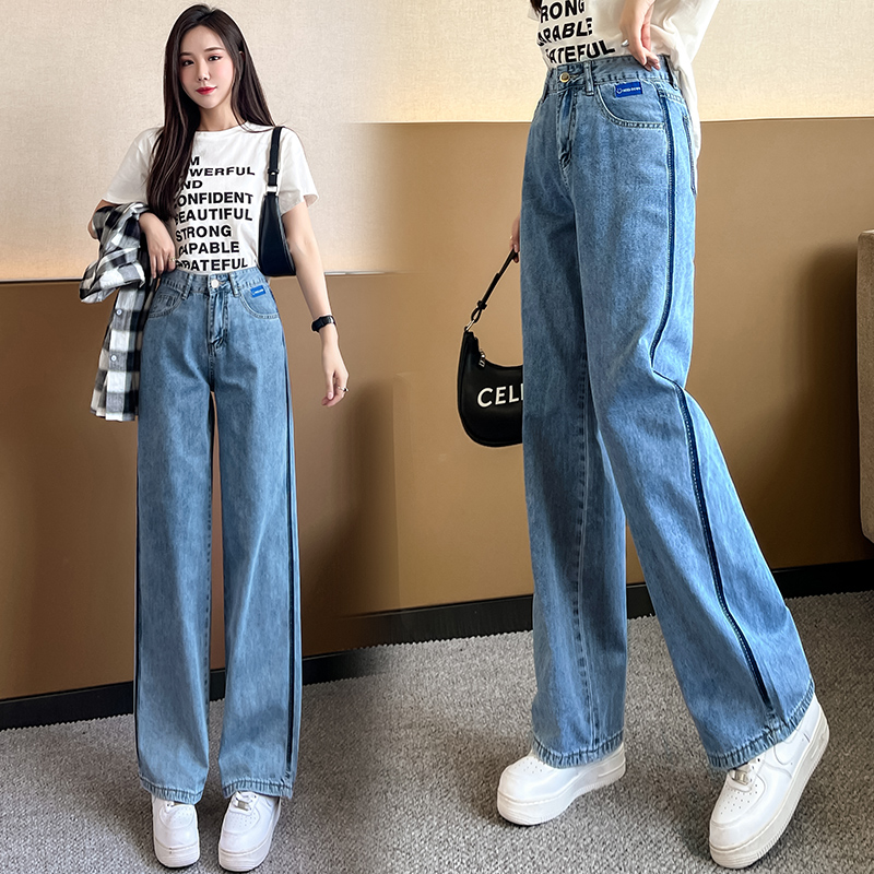 實拍高腰撞色闊腿牛仔褲女2026夏季韓版寬松顯瘦窄款直筒哈倫長褲