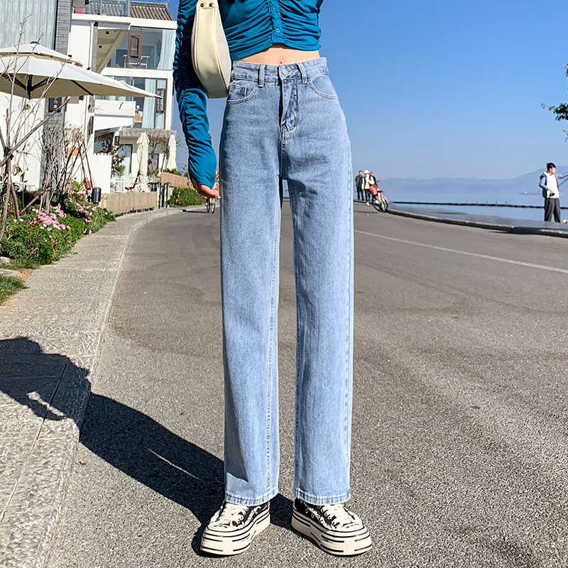 實拍淺色直筒牛仔褲女2026夏季百搭簡約小個子高腰排扣闊腳哈倫褲