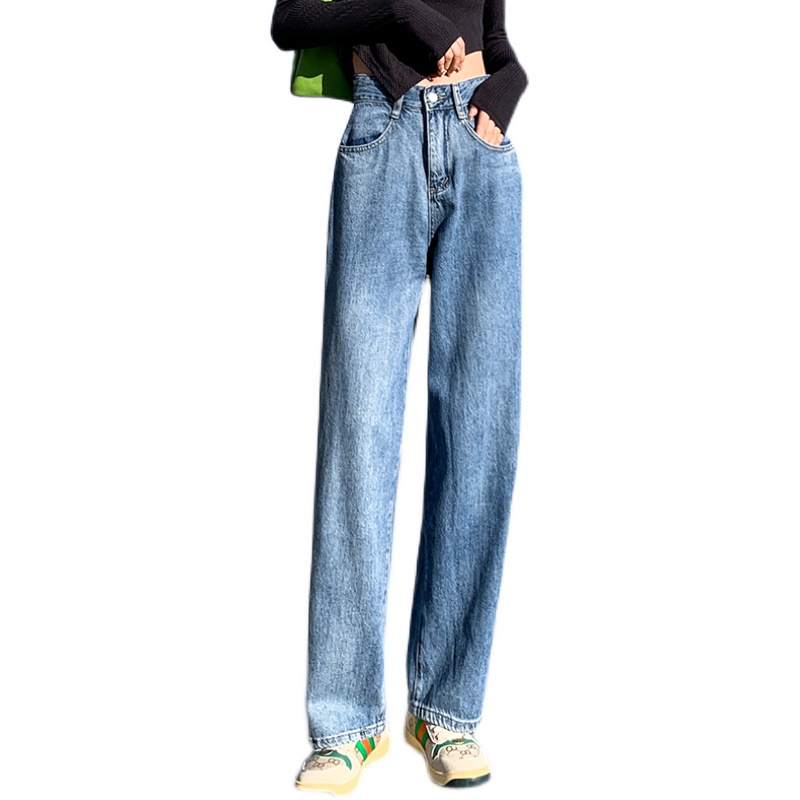 實拍撞色牛仔直筒褲女2026夏季韓版寬松高腰小個子翻邊窄款闊腿褲