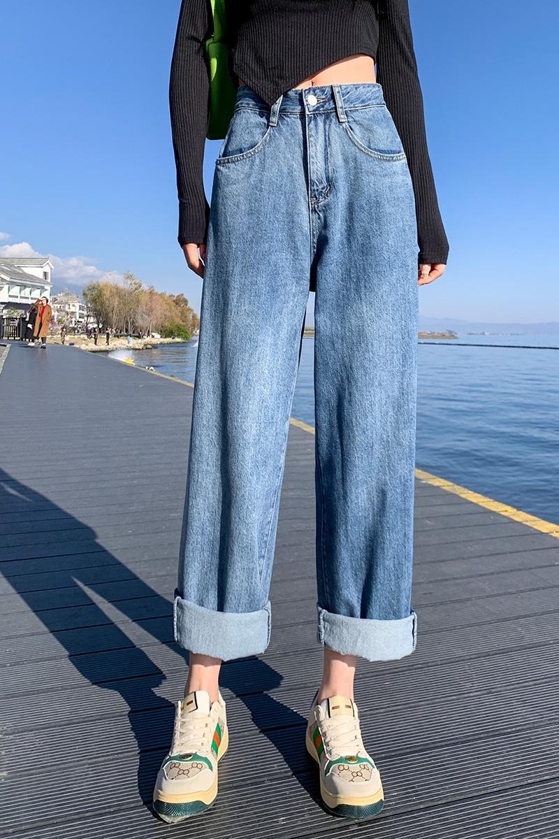 實拍撞色牛仔直筒褲女2026夏季韓版寬松高腰小個子翻邊窄款闊腿褲