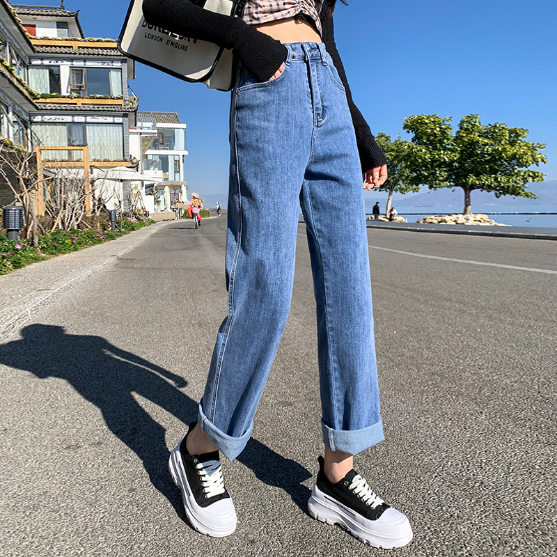 實拍高腰直筒牛仔褲女2026夏季韓版簡約百搭彈力窄款九分褲闊腳褲