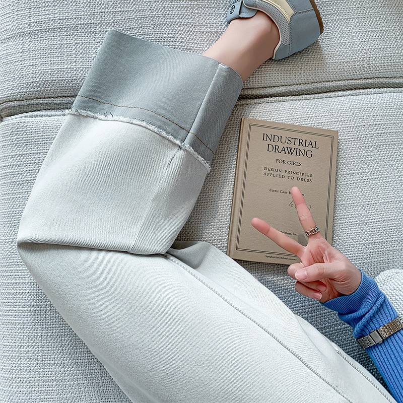 實拍撞色直筒牛仔褲女2026夏季新款高腰顯瘦設計感拼接九分闊腿褲