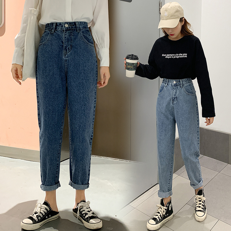實拍高腰簡約哈倫牛仔褲女2026夏季韓版寬松顯瘦窄款直筒九分褲