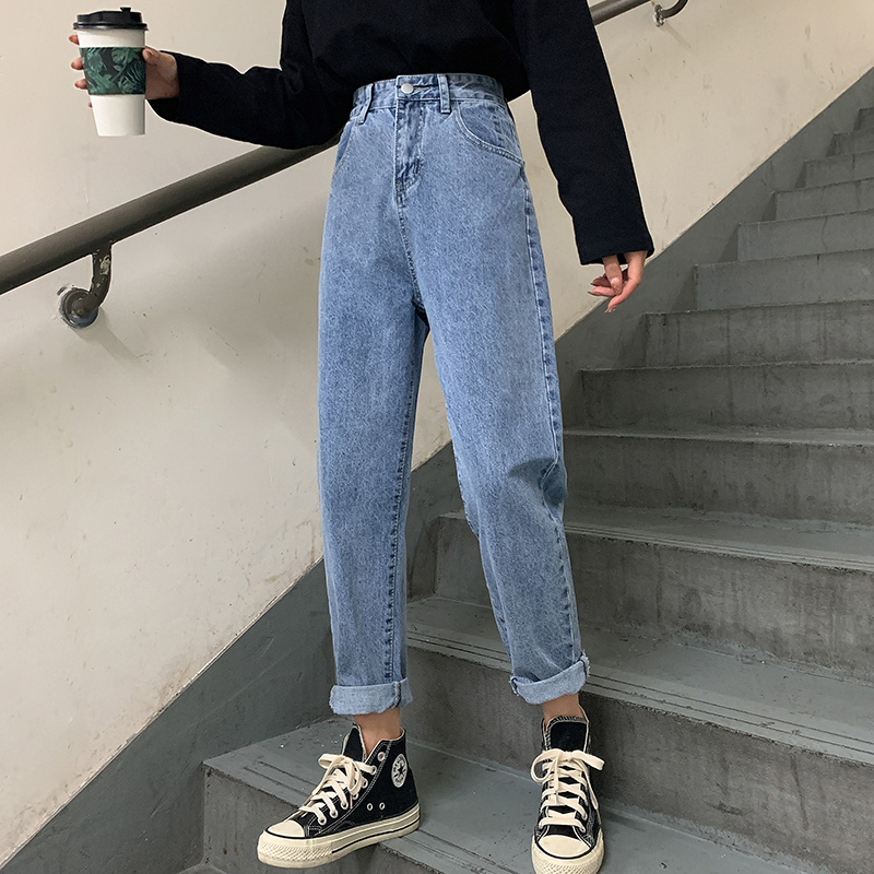 實拍高腰簡約哈倫牛仔褲女2026夏季韓版寬松顯瘦窄款直筒九分褲