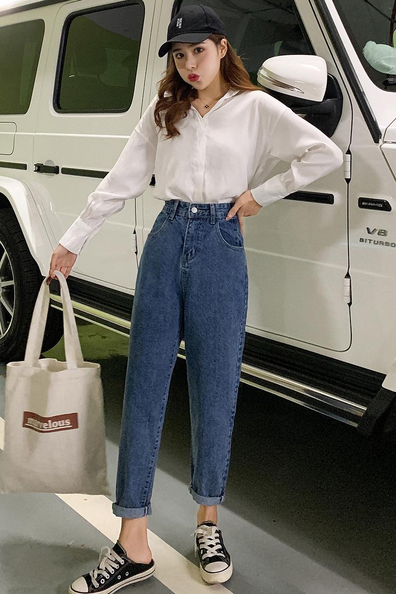 實拍高腰簡約哈倫牛仔褲女2026夏季韓版寬松顯瘦窄款直筒九分褲