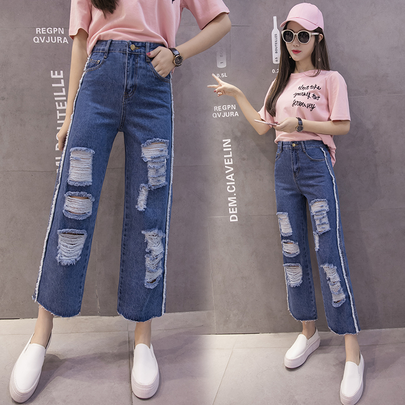 實拍破洞窄款直筒牛仔褲女2026夏季韓版高腰顯瘦做舊煙管褲九分褲