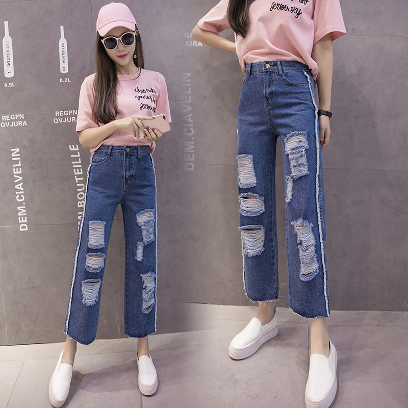 實拍破洞窄款直筒牛仔褲女2026夏季韓版高腰顯瘦做舊煙管褲九分褲