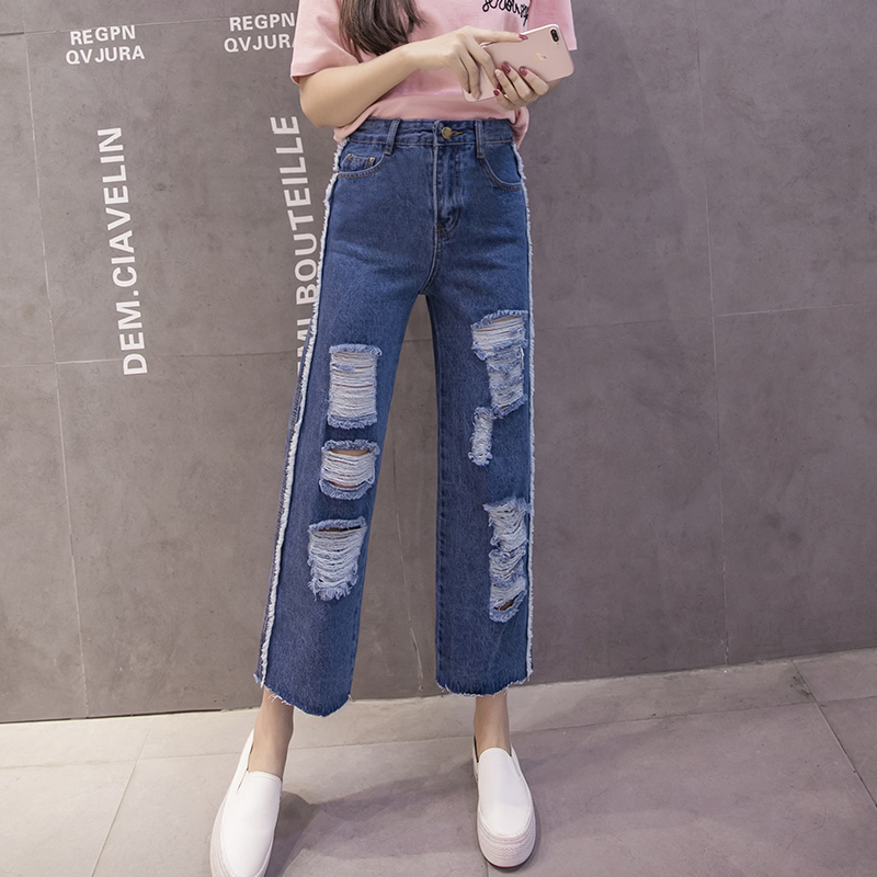 實拍破洞窄款直筒牛仔褲女2026夏季韓版高腰顯瘦做舊煙管褲九分褲