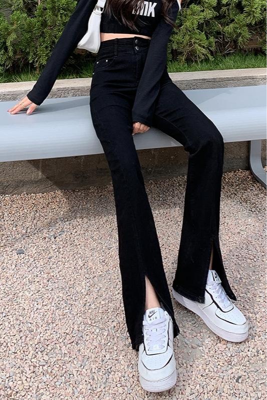 實拍淺色開叉牛仔褲女2026夏季高腰彈力小個子闊腿褲微喇叭長褲潮