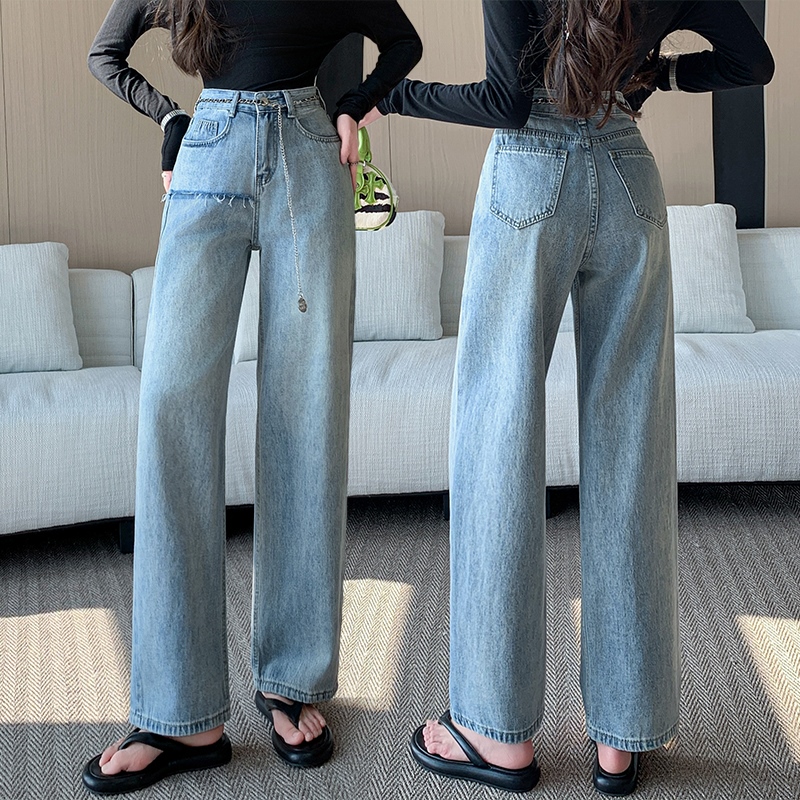 實拍毛邊拼接牛仔闊腿褲女2026夏季新款高腰寬松顯瘦百搭拖地長褲