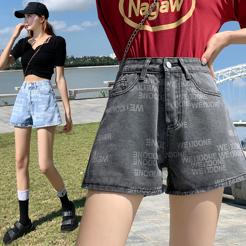 實拍高腰印花牛仔闊腿短褲女2026夏季韓版簡約a字直筒哈倫熱褲ins