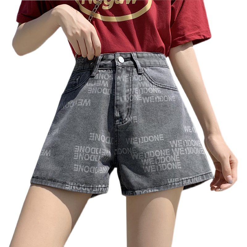 實拍高腰印花牛仔闊腿短褲女2026夏季韓版簡約a字直筒哈倫熱褲ins