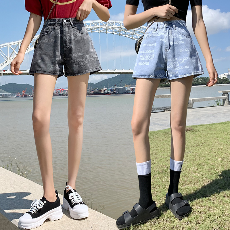 實拍高腰印花牛仔闊腿短褲女2026夏季韓版簡約a字直筒哈倫熱褲ins