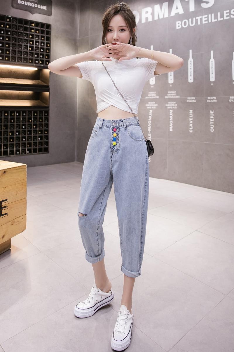 實拍炫彩紐扣牛仔褲女2026春夏韓版高腰寬松顯瘦直筒褲九分哈倫褲