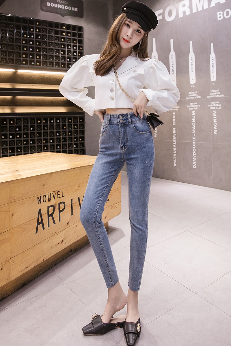 實拍高腰小個子雙扣牛仔褲女2026夏季韓版顯瘦百搭彈力九分小腳褲