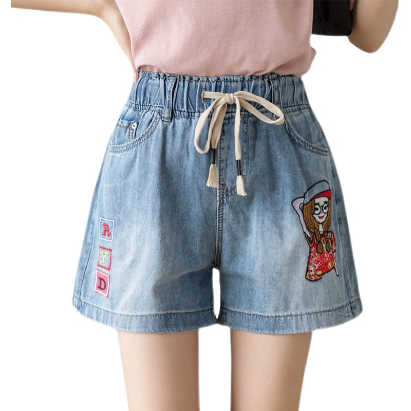 實拍刺繡少女寬松腰牛仔闊腿短褲女2026夏季韓版a字顯瘦哈倫熱褲