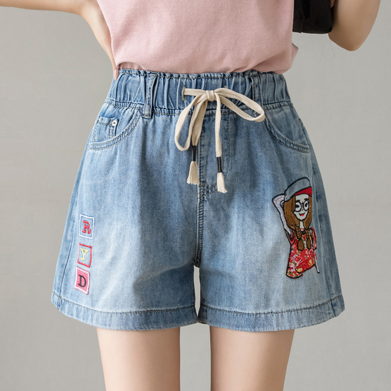 實拍刺繡少女寬松腰牛仔闊腿短褲女2026夏季韓版a字顯瘦哈倫熱褲