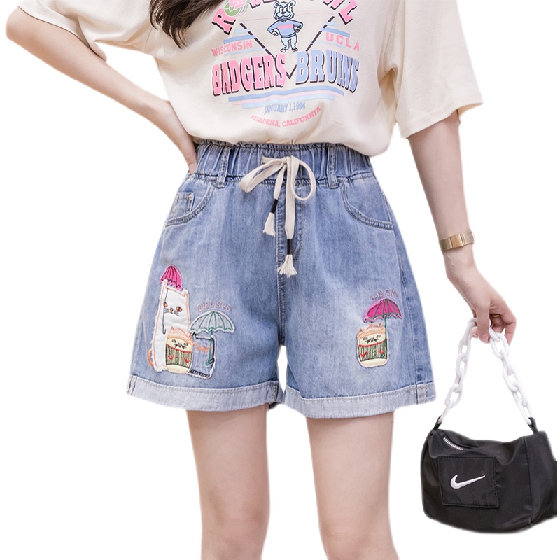 實拍刺繡寬松腰牛仔闊腿短褲2026夏季韓版撞色初高中學生哈倫熱褲