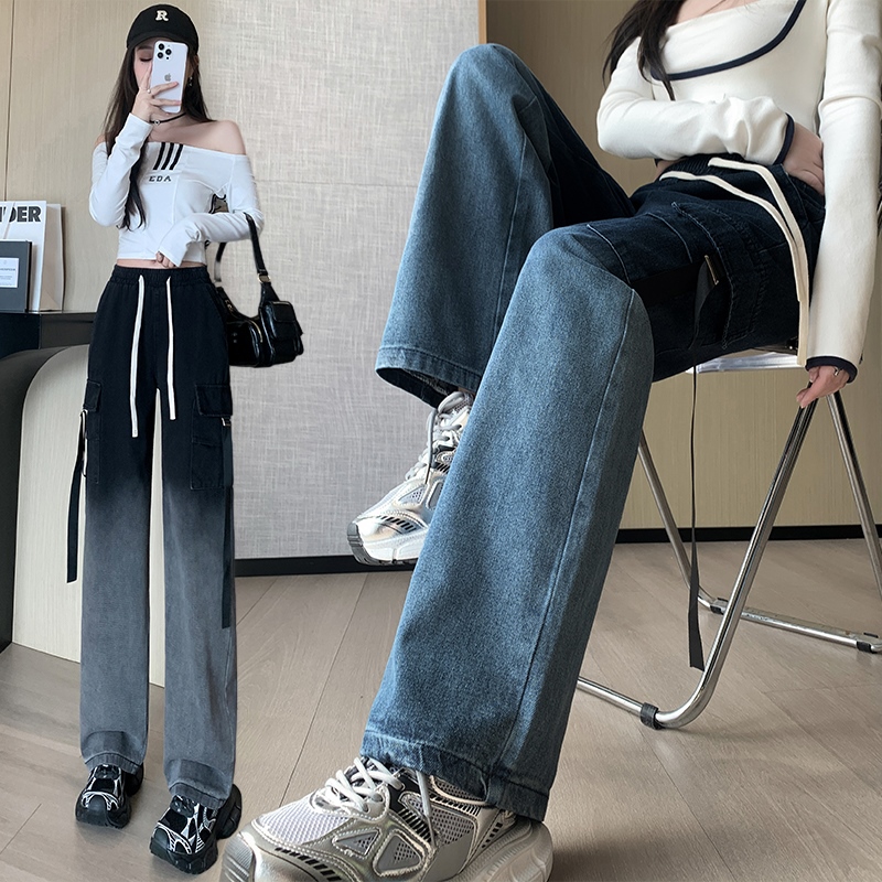 實拍漸變色工裝牛仔褲女2026夏新款韓版百搭高腰多口袋直筒闊腿褲