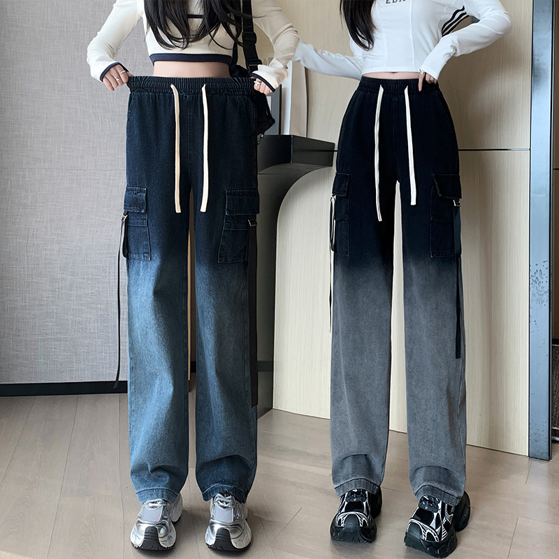 實拍漸變色工裝牛仔褲女2026夏新款韓版百搭高腰多口袋直筒闊腿褲