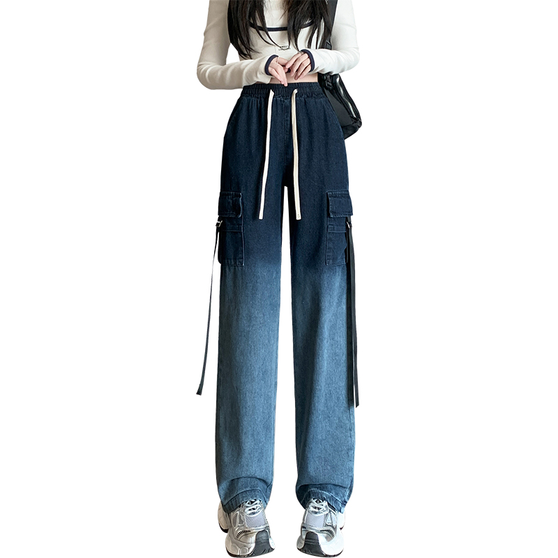實拍漸變色工裝牛仔褲女2026夏新款韓版百搭高腰多口袋直筒闊腿褲