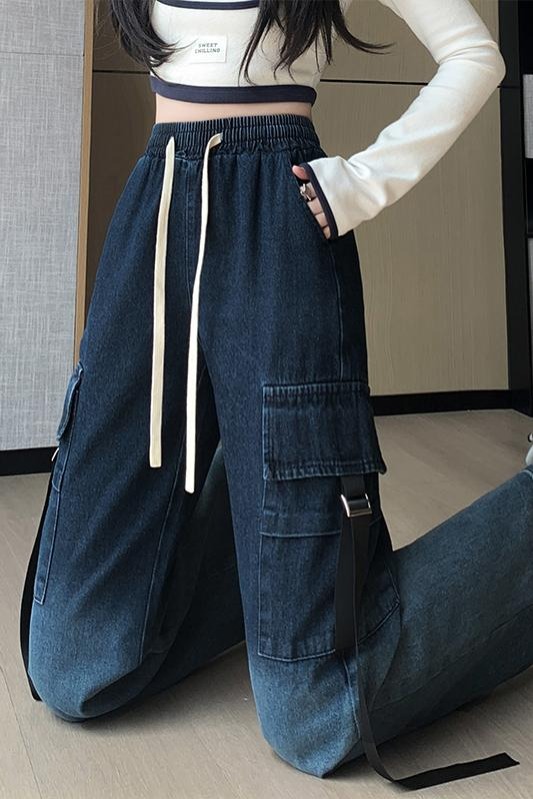 實拍漸變色工裝牛仔褲女2026夏新款韓版百搭高腰多口袋直筒闊腿褲