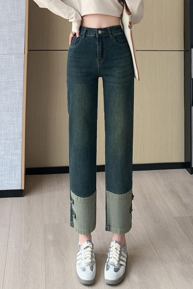 實拍高腰撞色提臀牛仔煙管褲女2026夏韓版彈力拼接窄款直筒九分褲