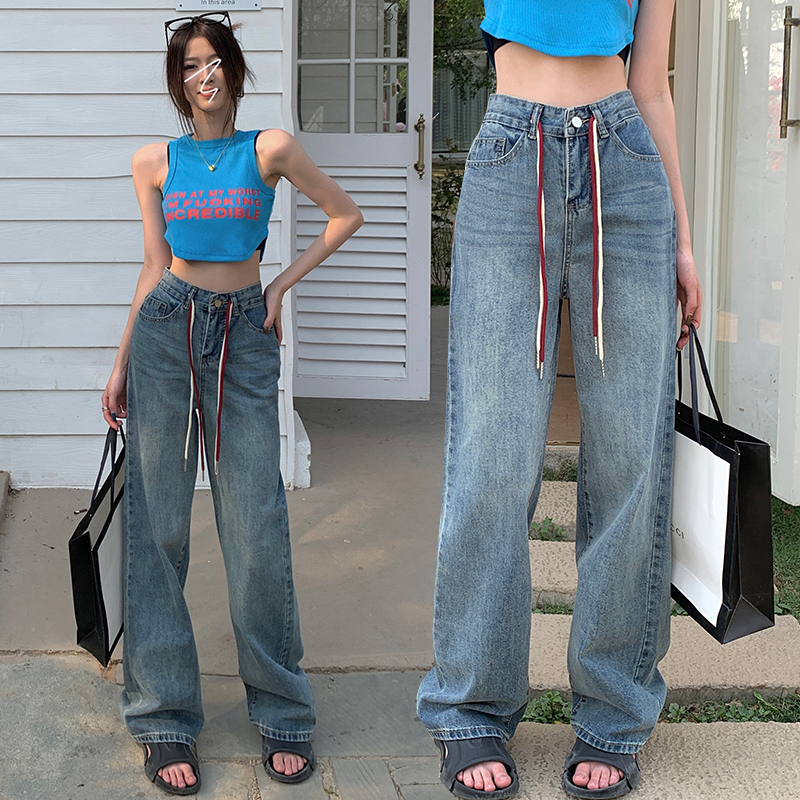 實拍撞色雙繩闊腿牛仔褲女2026夏季韓版高腰寬松直筒老爹拖地長褲