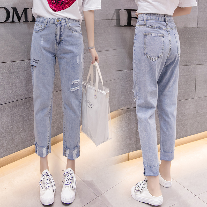 實拍高腰刺繡淺色牛仔直筒褲女2026夏季韓版顯瘦磨破九分哈倫褲潮