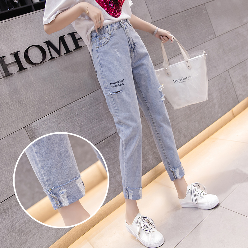 實拍高腰刺繡淺色牛仔直筒褲女2026夏季韓版顯瘦磨破九分哈倫褲潮